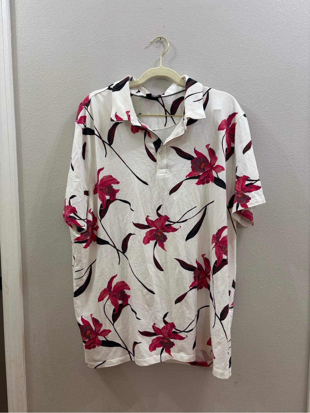 Express Men's White Floral Polo Shirt with Pink Blooms xl